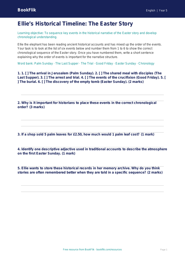 Free Easter Story Activity Sheet | Year 5 Core | BookFlik worksheet preview — English Easter Story