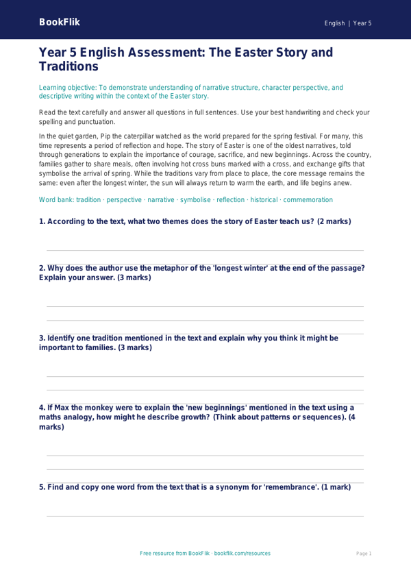 Free Easter Story Assessment | Year 5 Core | BookFlik worksheet preview — English Easter Story