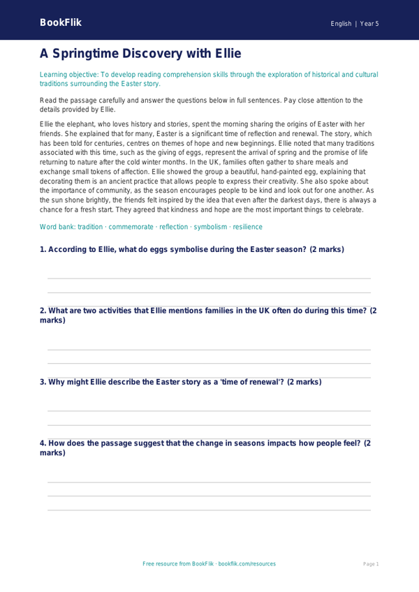 Free Easter Story Comprehension | Year 5 Core | BookFlik worksheet preview — English Easter Story