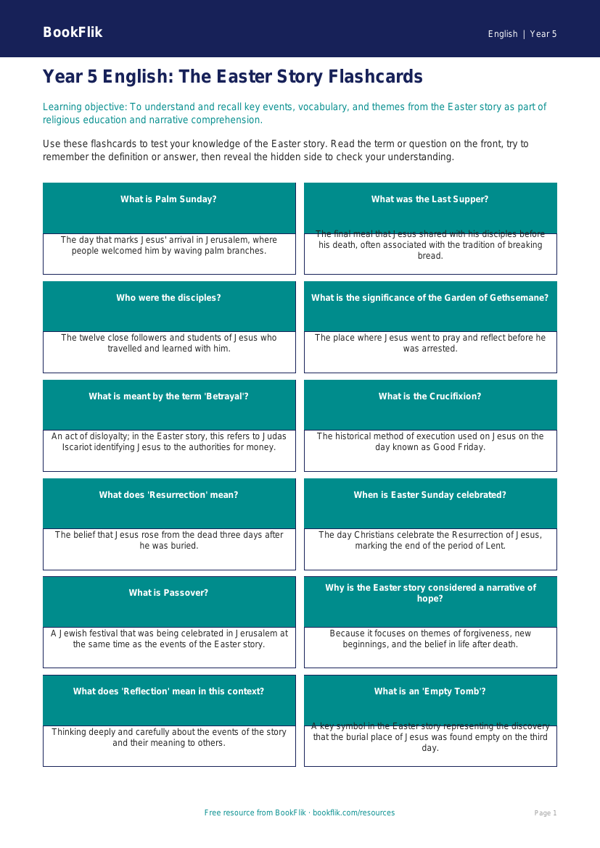 Free Easter Story Flashcards | Year 5 Core | BookFlik worksheet preview — English Easter Story