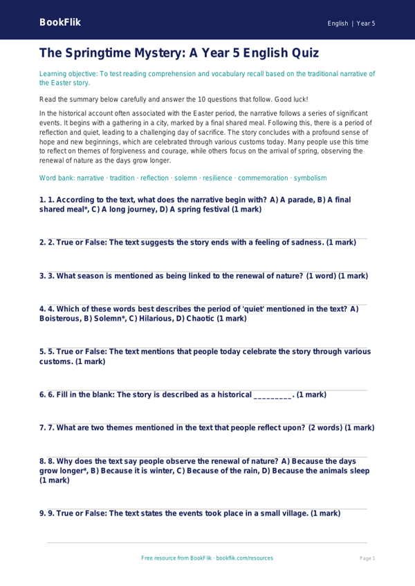 Free Easter Story Quiz | Year 5 Core | BookFlik worksheet preview — English Easter Story