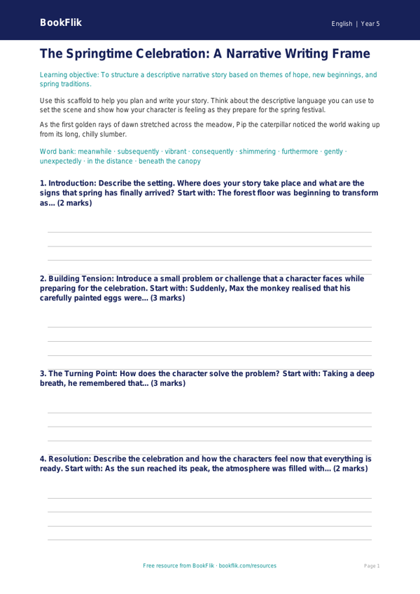 Free Easter Story Writing Frame | Year 5 Core | BookFlik worksheet preview — English Easter Story