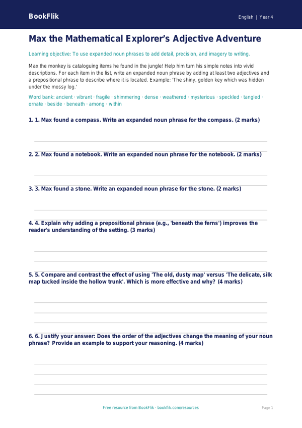 Free Expanded Noun Phrases Activity Sheet | Year 4 Greater Depth | BookFlik worksheet preview — English Expanded Noun Phrases