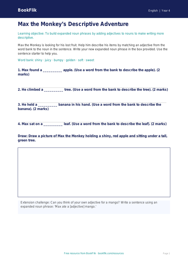 Free Expanded Noun Phrases Activity Sheet | Year 4 Supported | BookFlik worksheet preview — English Expanded Noun Phrases