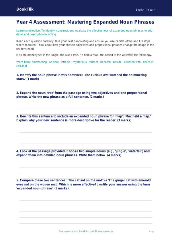 Free Expanded Noun Phrases Assessment | Year 4 Greater Depth | BookFlik worksheet preview — English Expanded Noun Phrases