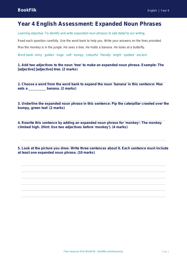 Free Expanded Noun Phrases Assessment | Year 4 Supported | BookFlik worksheet preview — English Expanded Noun Phrases