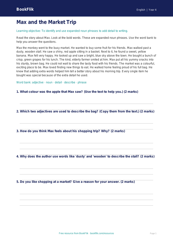 Free Expanded Noun Phrases Comprehension | Year 4 Supported | BookFlik worksheet preview — English Expanded Noun Phrases