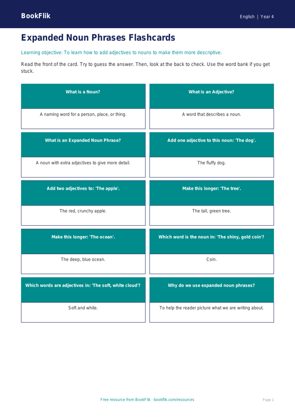 Free Expanded Noun Phrases Flashcards | Year 4 Supported | BookFlik worksheet preview — English Expanded Noun Phrases