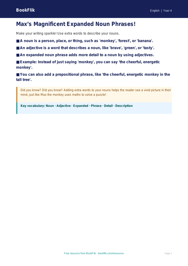 Free Expanded Noun Phrases Poster | Year 4 Supported | BookFlik worksheet preview — English Expanded Noun Phrases