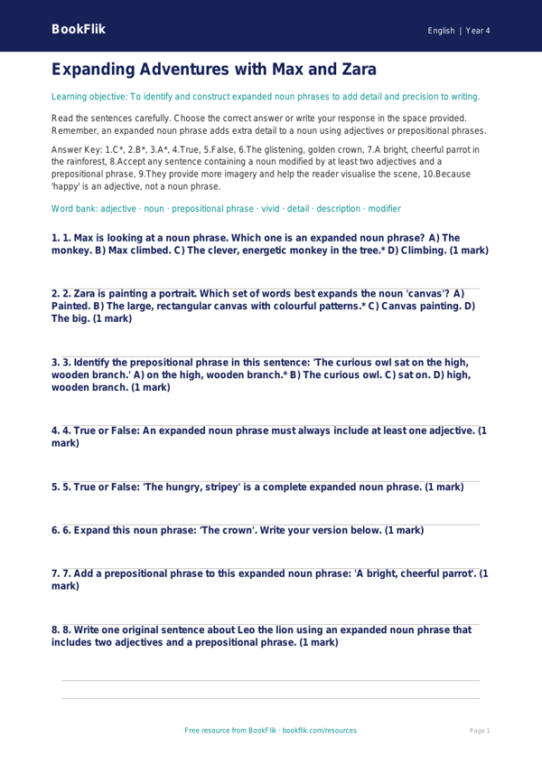 Free Expanded Noun Phrases Quiz | Year 4 Greater Depth | BookFlik worksheet preview — English Expanded Noun Phrases