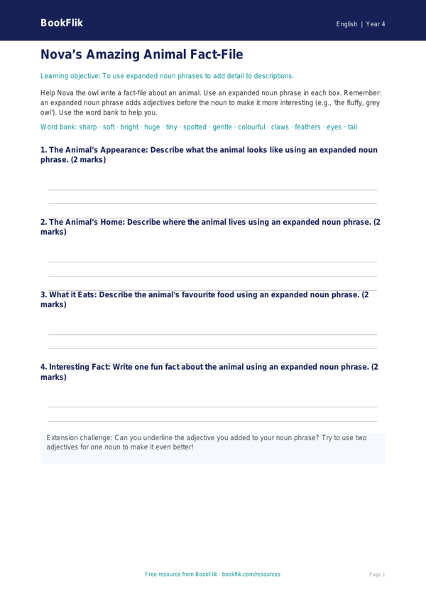 Free Expanded Noun Phrases Template | Year 4 Supported | BookFlik worksheet preview — English Expanded Noun Phrases