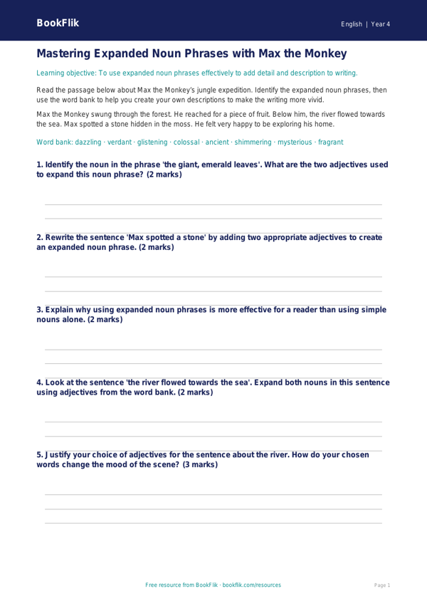 Free Expanded Noun Phrases Track Sheet | Year 4 Greater Depth | BookFlik worksheet preview — English Expanded Noun Phrases