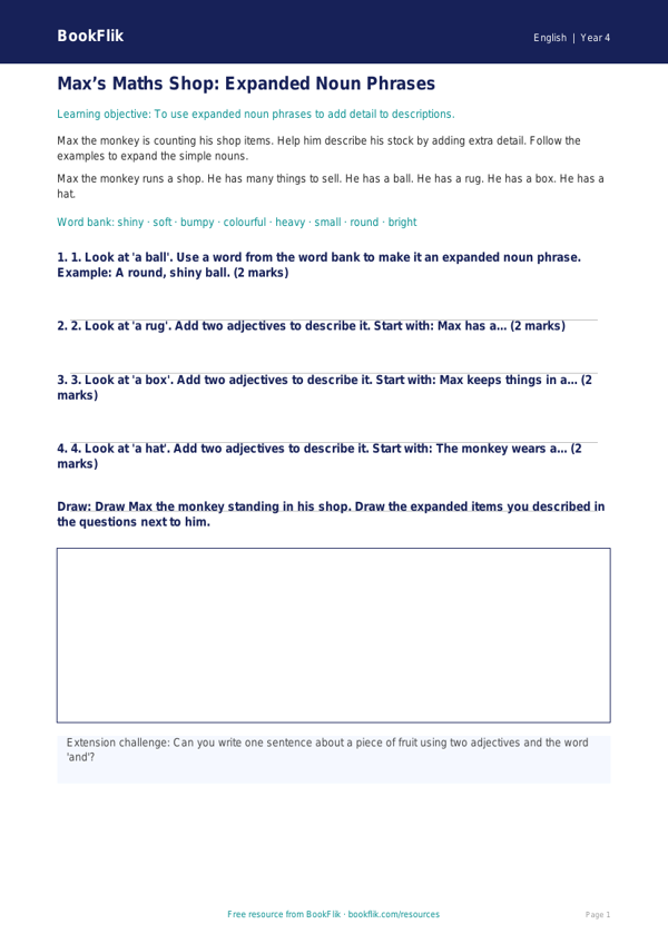 Free Expanded Noun Phrases Track Sheet | Year 4 Supported | BookFlik worksheet preview — English Expanded Noun Phrases