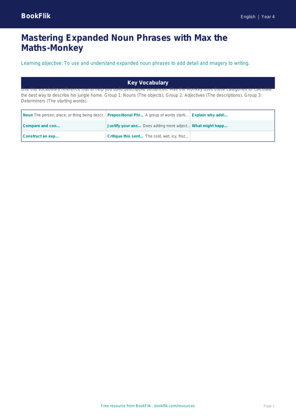 Free Expanded Noun Phrases Word Mat | Year 4 Greater Depth | BookFlik worksheet preview — English Expanded Noun Phrases