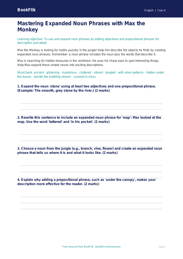 Free Expanded Noun Phrases Worksheet | Year 4 Greater Depth | BookFlik worksheet preview — English Expanded Noun Phrases