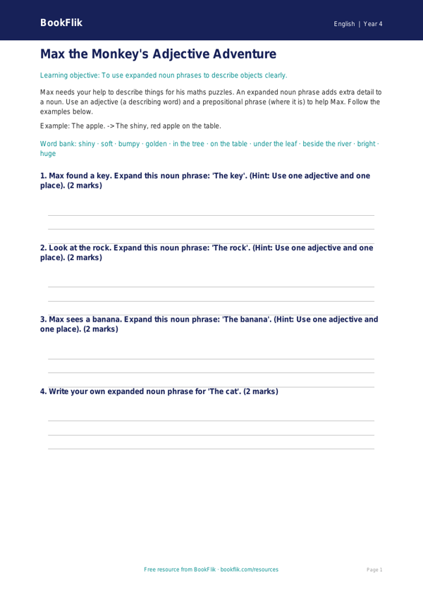Free Expanded Noun Phrases Worksheet | Year 4 Supported | BookFlik worksheet preview — English Expanded Noun Phrases