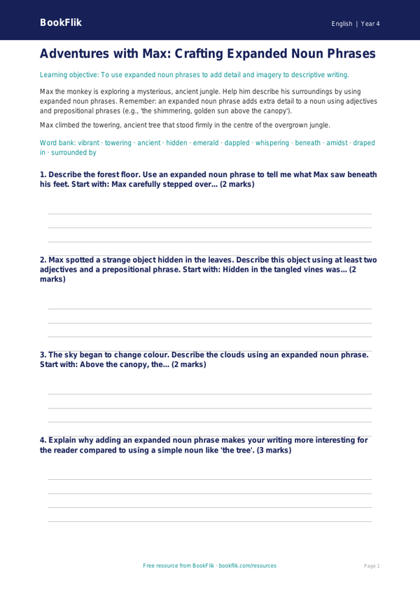 Free Expanded Noun Phrases Writing Frame | Year 4 Greater Depth | BookFlik worksheet preview — English Expanded Noun Phrases
