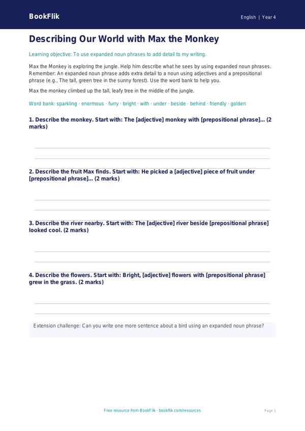 Free Expanded Noun Phrases Writing Frame | Year 4 Supported | BookFlik worksheet preview — English Expanded Noun Phrases