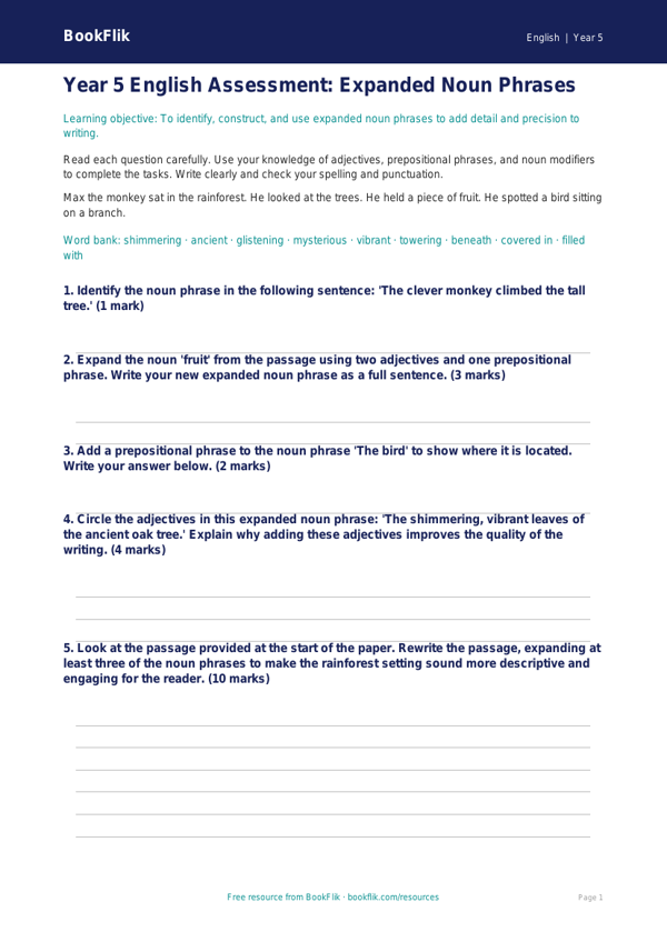 Free Expanded Noun Phrases Assessment | Year 5 Core | BookFlik worksheet preview — English Expanded Noun Phrases