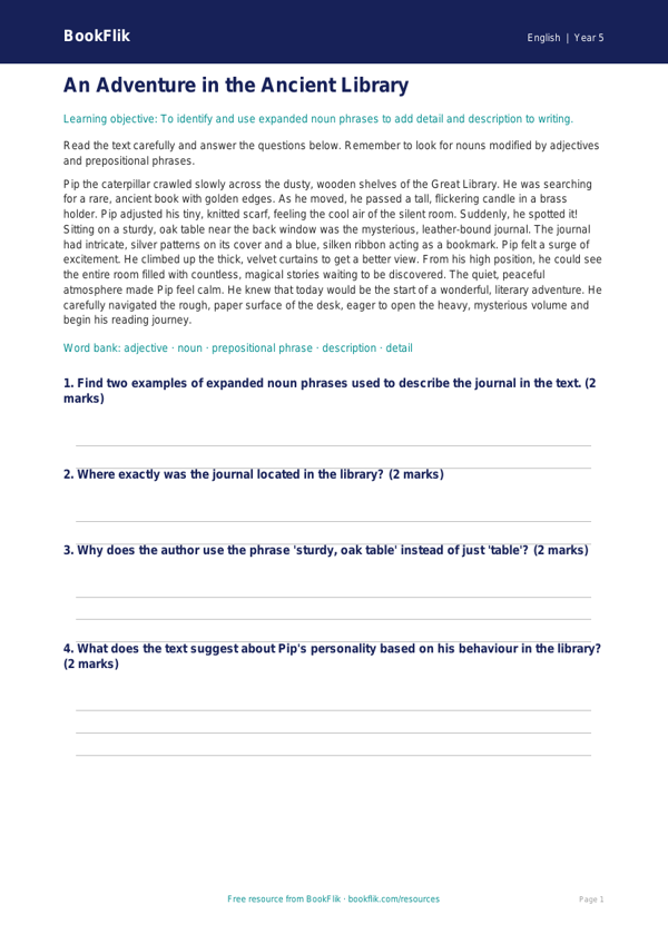 Free Expanded Noun Phrases Comprehension | Year 5 Core | BookFlik worksheet preview — English Expanded Noun Phrases