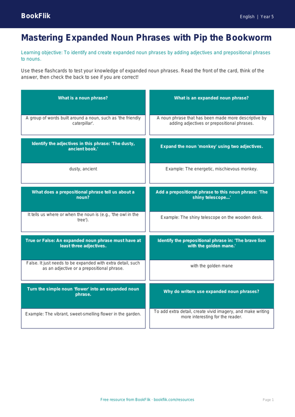 Free Expanded Noun Phrases Flashcards | Year 5 Core | BookFlik worksheet preview — English Expanded Noun Phrases