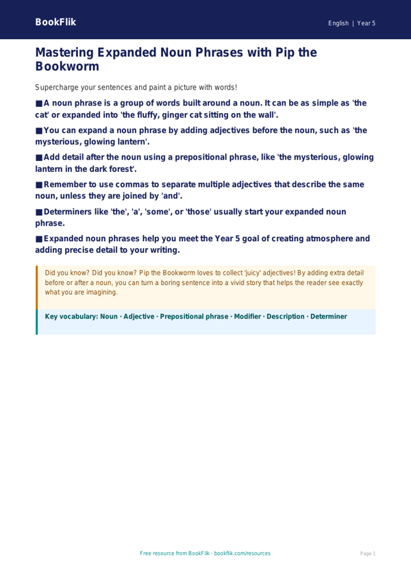Free Expanded Noun Phrases Poster | Year 5 Core | BookFlik worksheet preview — English Expanded Noun Phrases