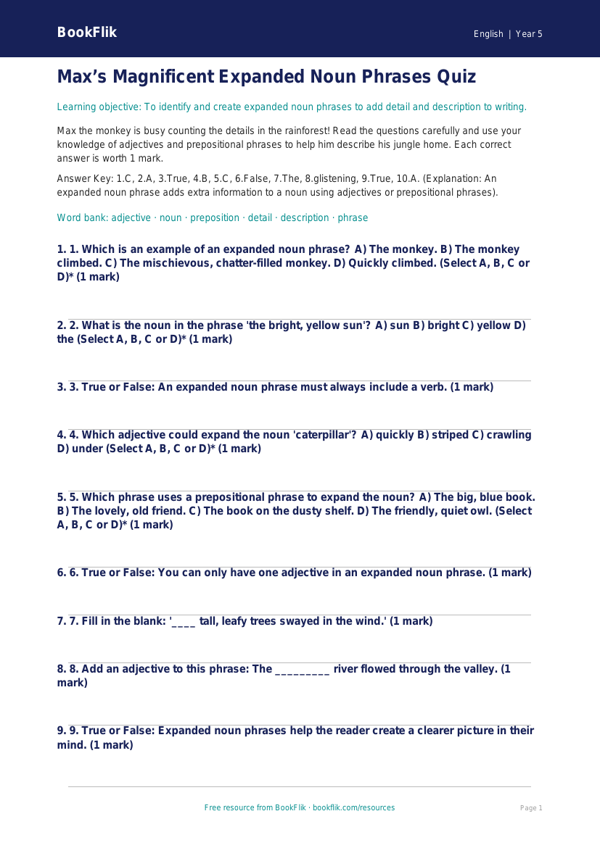 Free Expanded Noun Phrases Quiz | Year 5 Core | BookFlik worksheet preview — English Expanded Noun Phrases