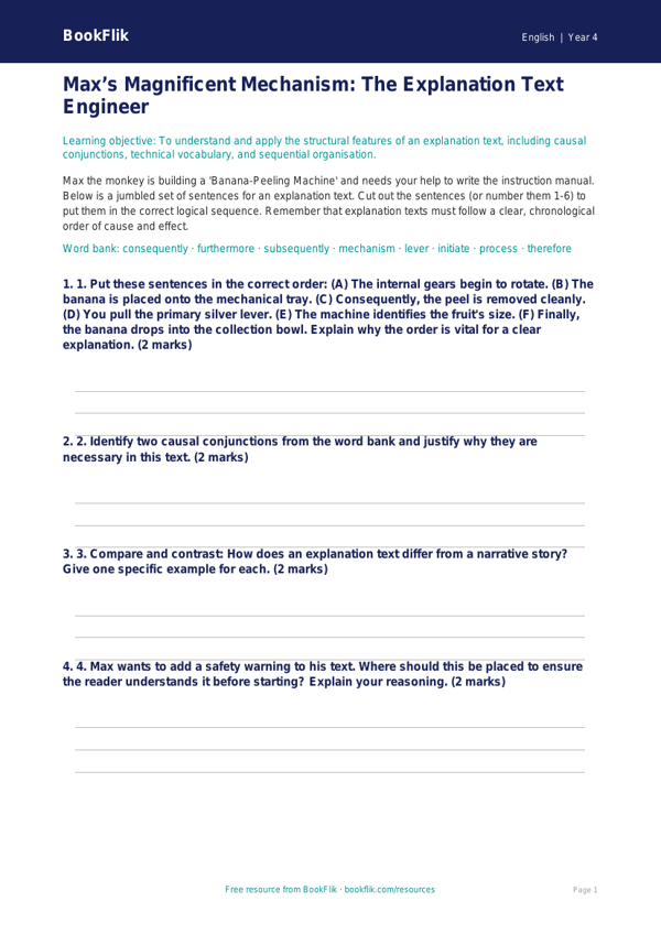 Free Explanation Texts Activity Sheet | Year 4 Greater Depth | BookFlik worksheet preview — English Explanation Texts