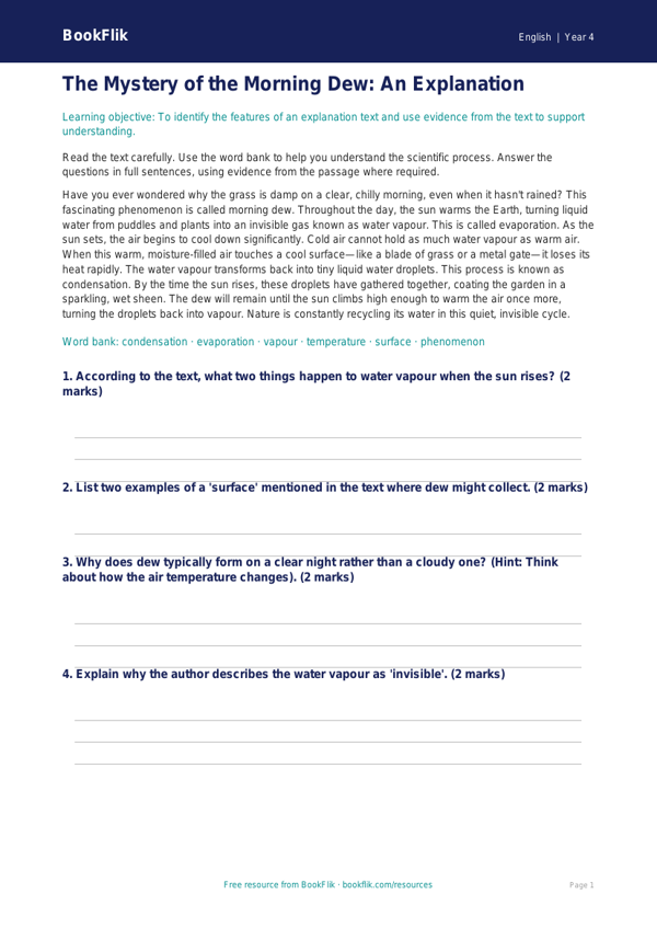 Free Explanation Texts Comprehension | Year 4 Greater Depth | BookFlik worksheet preview — English Explanation Texts