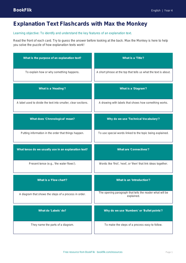 Free Explanation Texts Flashcards | Year 4 Supported | BookFlik worksheet preview — English Explanation Texts
