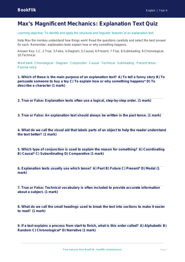 Free Explanation Texts Quiz | Year 4 Greater Depth | BookFlik worksheet preview — English Explanation Texts