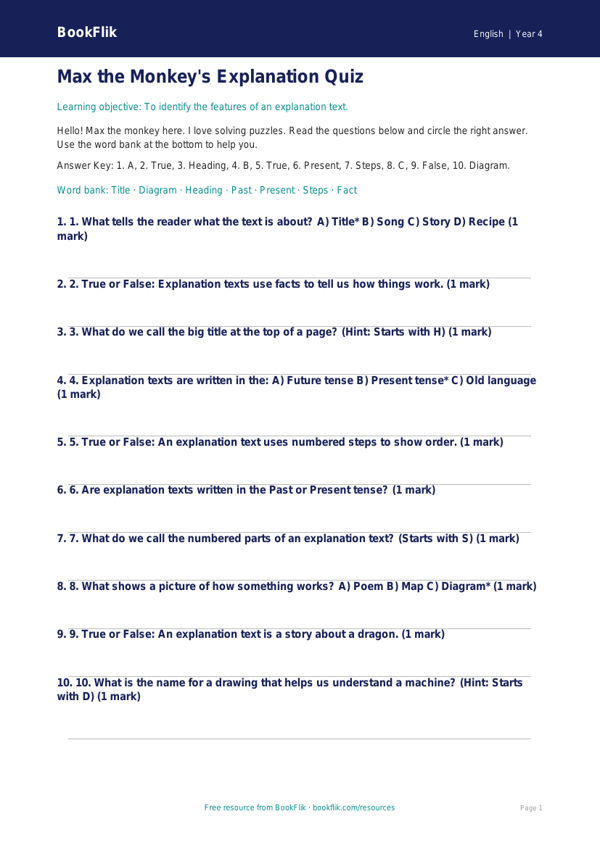 Free Explanation Texts Quiz | Year 4 Supported | BookFlik worksheet preview — English Explanation Texts