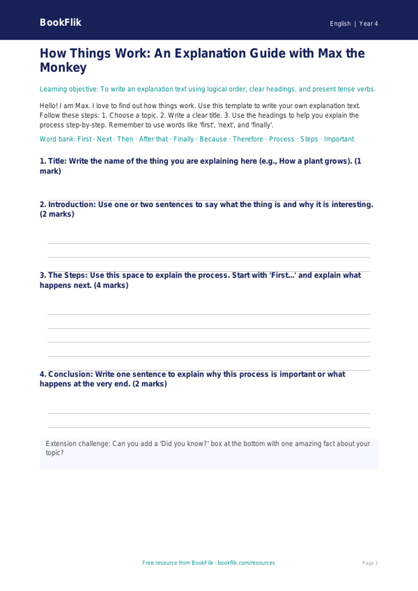Free Explanation Texts Template | Year 4 Supported | BookFlik worksheet preview — English Explanation Texts