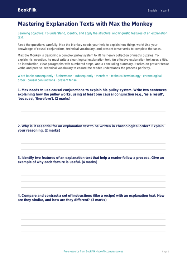 Free Explanation Texts Worksheet | Year 4 Greater Depth | BookFlik worksheet preview — English Explanation Texts