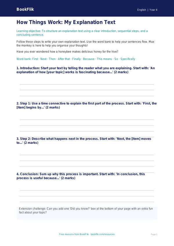Free Explanation Texts Writing Frame | Year 4 Supported | BookFlik worksheet preview — English Explanation Texts