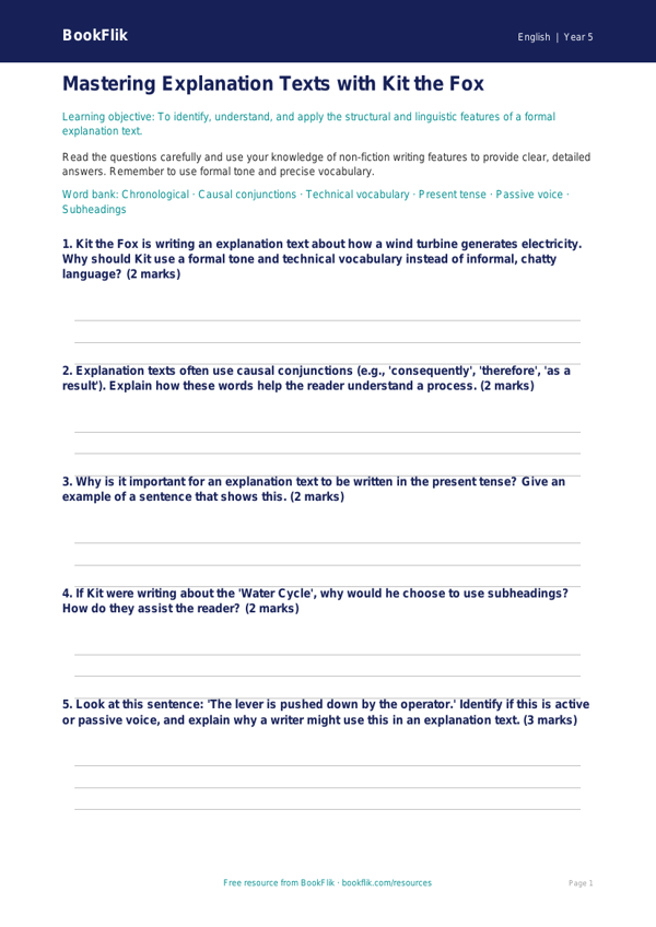 Free Explanation Texts Worksheet | Year 5 Core | BookFlik worksheet preview — English Explanation Texts