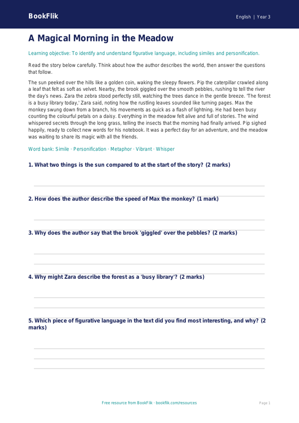 Free Figurative Language Comprehension | Year 3 Core | BookFlik worksheet preview — English Figurative Language