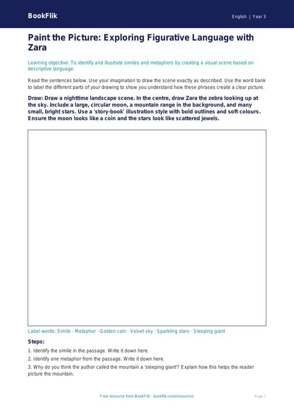 Free Figurative Language Drawing Sheet | Year 3 Core | BookFlik worksheet preview — English Figurative Language
