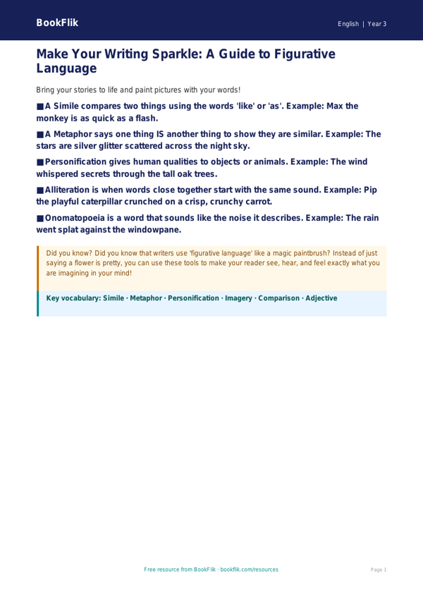 Free Figurative Language Poster | Year 3 Core | BookFlik worksheet preview — English Figurative Language