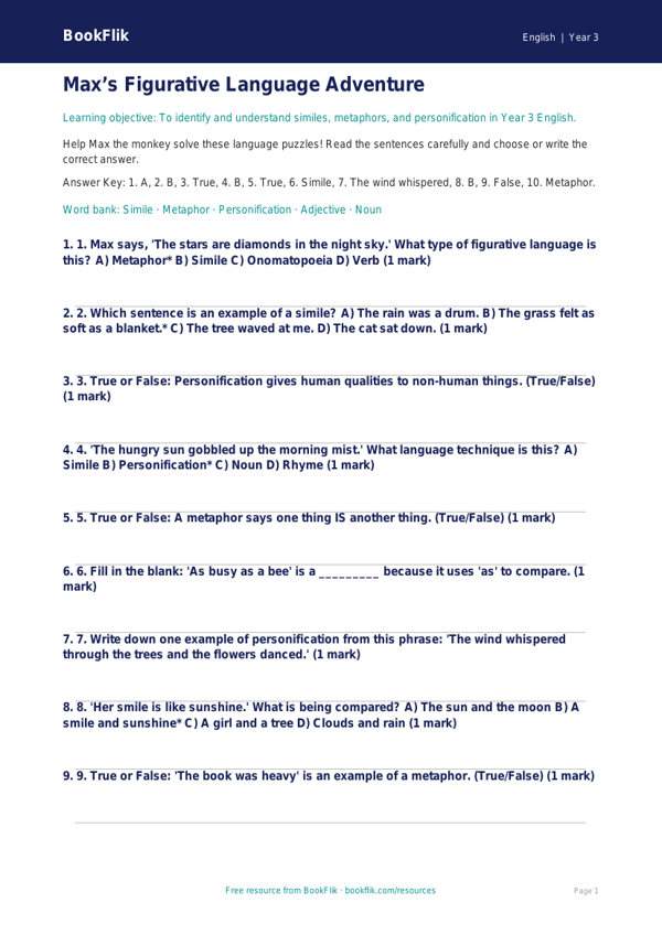 Free Figurative Language Quiz | Year 3 Core | BookFlik worksheet preview — English Figurative Language