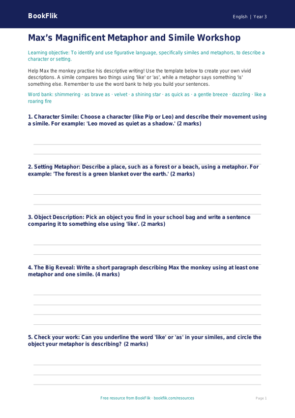 Free Figurative Language Template | Year 3 Core | BookFlik worksheet preview — English Figurative Language