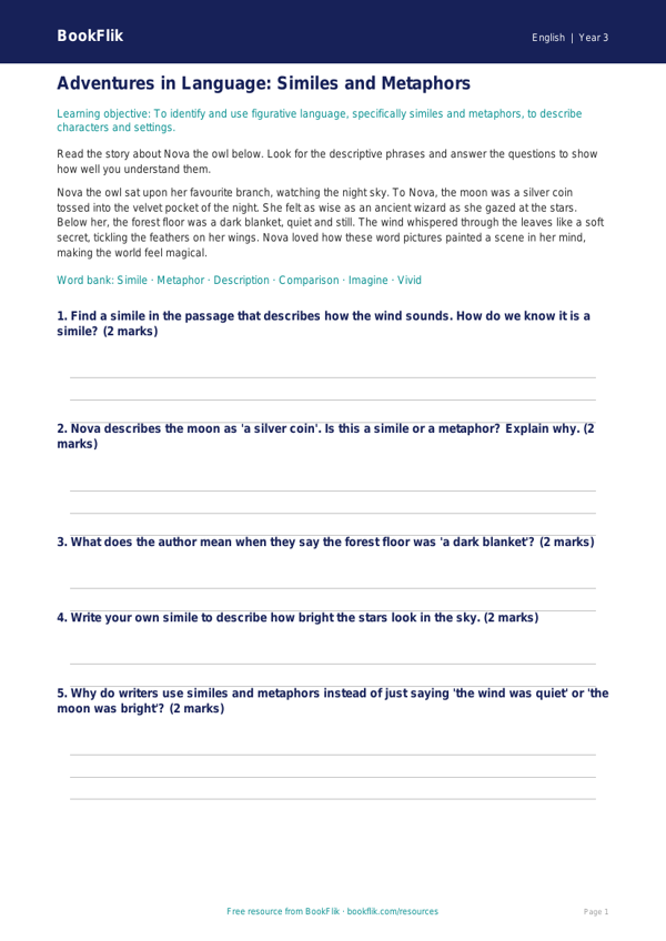 Free Figurative Language Track Sheet | Year 3 Core | BookFlik worksheet preview — English Figurative Language