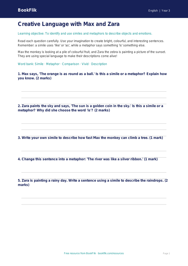 Free Figurative Language Worksheet | Year 3 Core | BookFlik worksheet preview — English Figurative Language