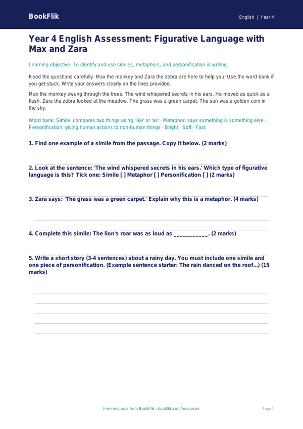 Free Figurative Language Assessment | Year 4 Supported | BookFlik worksheet preview — English Figurative Language