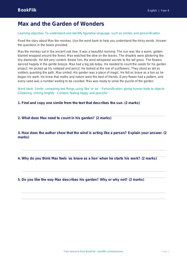 Free Figurative Language Comprehension | Year 4 Supported | BookFlik worksheet preview — English Figurative Language