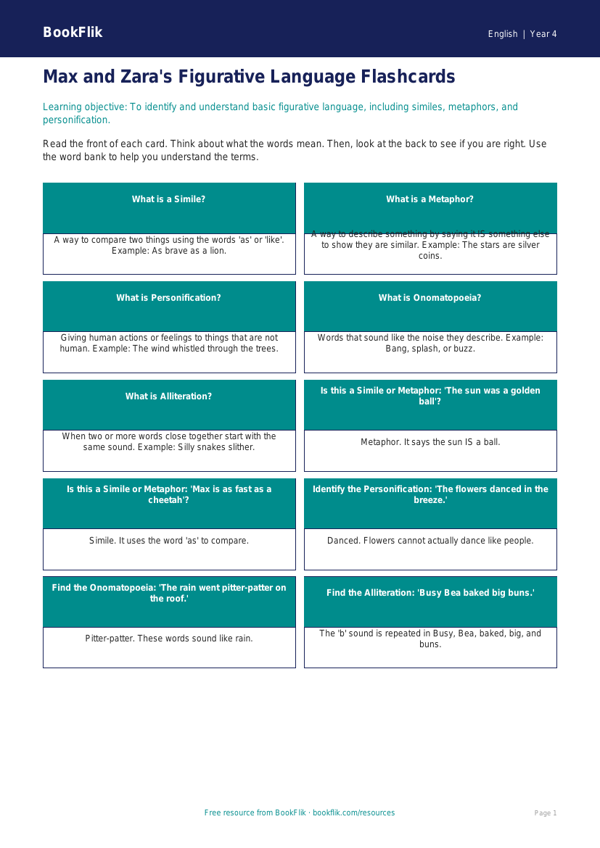 Free Figurative Language Flashcards | Year 4 Supported | BookFlik worksheet preview — English Figurative Language