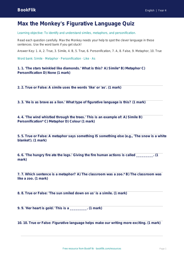 Free Figurative Language Quiz | Year 4 Supported | BookFlik worksheet preview — English Figurative Language