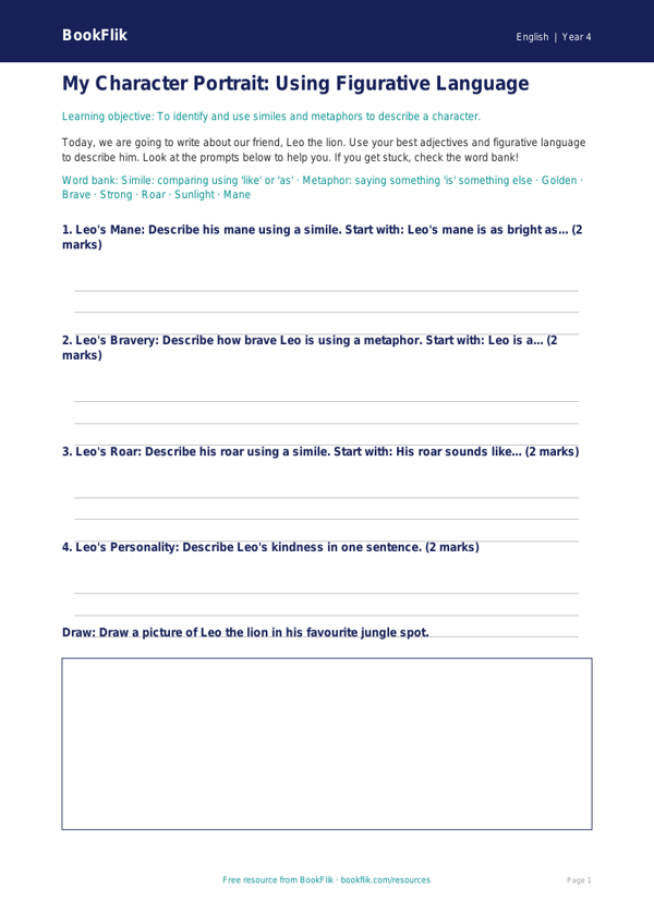Free Figurative Language Template | Year 4 Supported | BookFlik worksheet preview — English Figurative Language