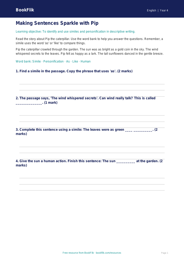 Free Figurative Language Track Sheet | Year 4 Supported | BookFlik worksheet preview — English Figurative Language