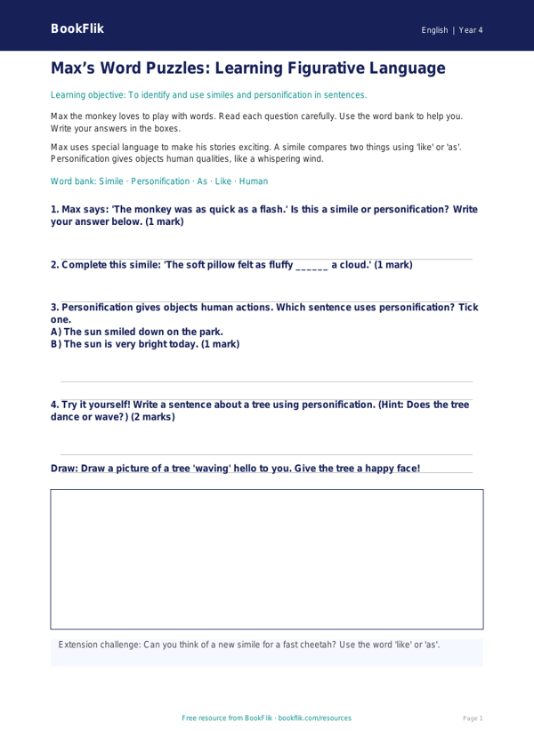 Free Figurative Language Worksheet | Year 4 Supported | BookFlik worksheet preview — English Figurative Language